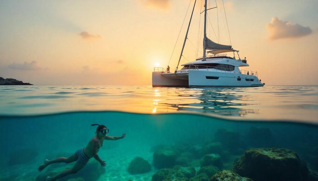 Snorkeling near a catamaran during water sports yacht rentals in the Maldives.